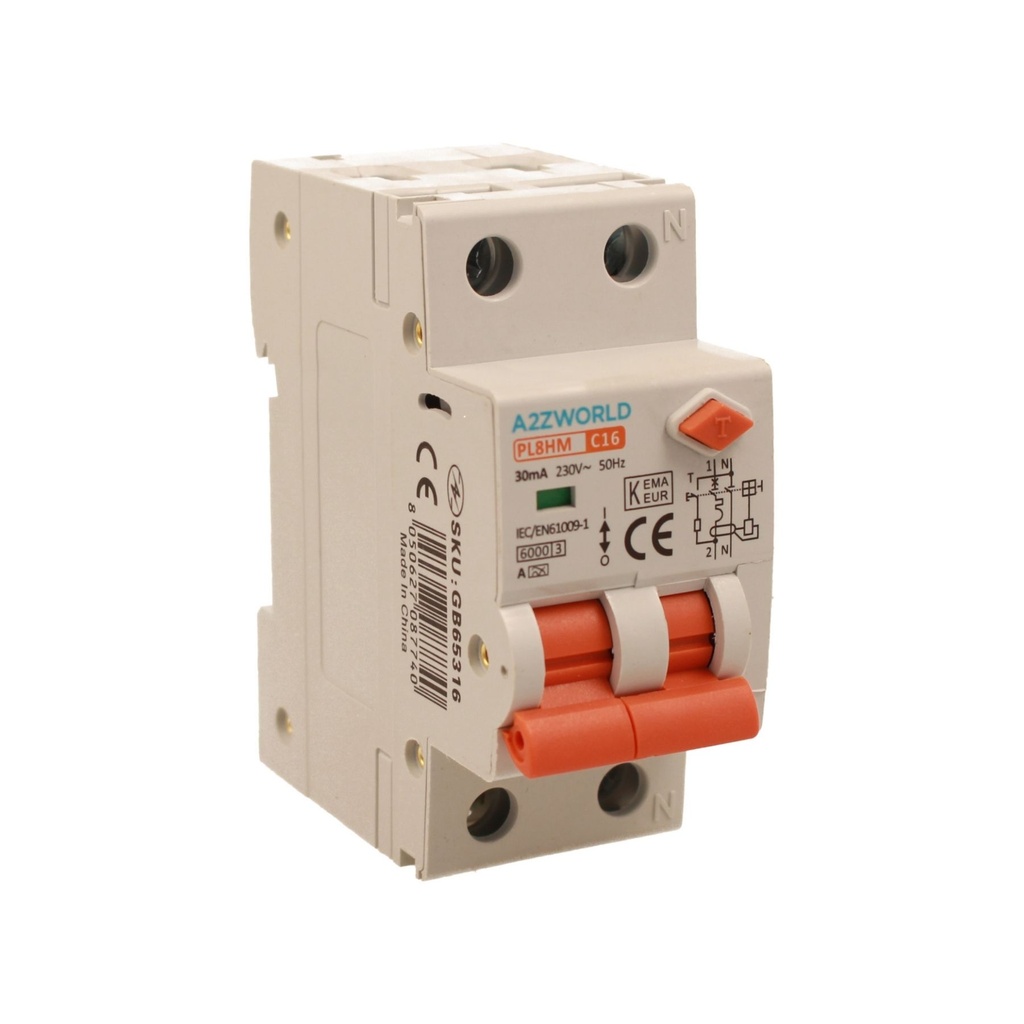 A2ZWORLD RCBO Doppia Leva, Interruttore Magnetotermico Differenziale Tipo A Curva C 1P+N 2M 6000A 30mA C16A AC 230V IP20 IEC61009-1 PL8HM