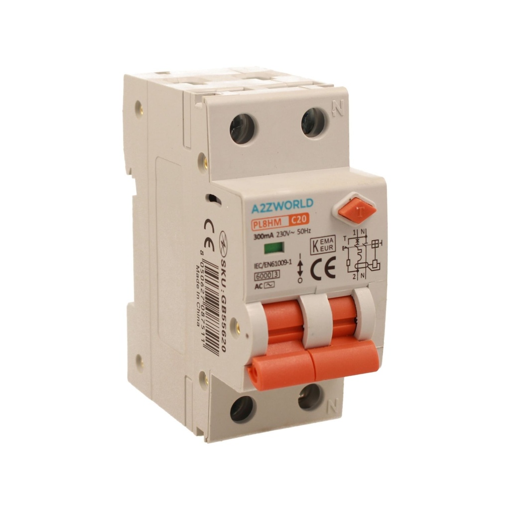 A2ZWORLD RCBO Doppia Leva, Interruttore Magnetotermico Differenziale Tipo AC Curva C 1P+N 2M 6000A 300mA C20A AC 230V IP20 IEC61009-1 PL8HM