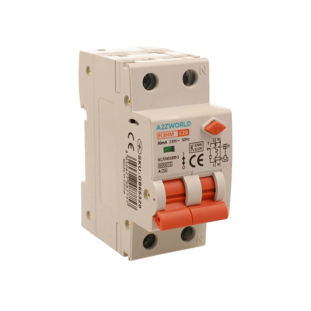 A2ZWORLD RCBO Doppia Leva, Interruttore Magnetotermico Differenziale Tipo A Curva C 1P+N 2M 6000A 30mA C20A AC 230V IP20 IEC61009-1 PL8HM