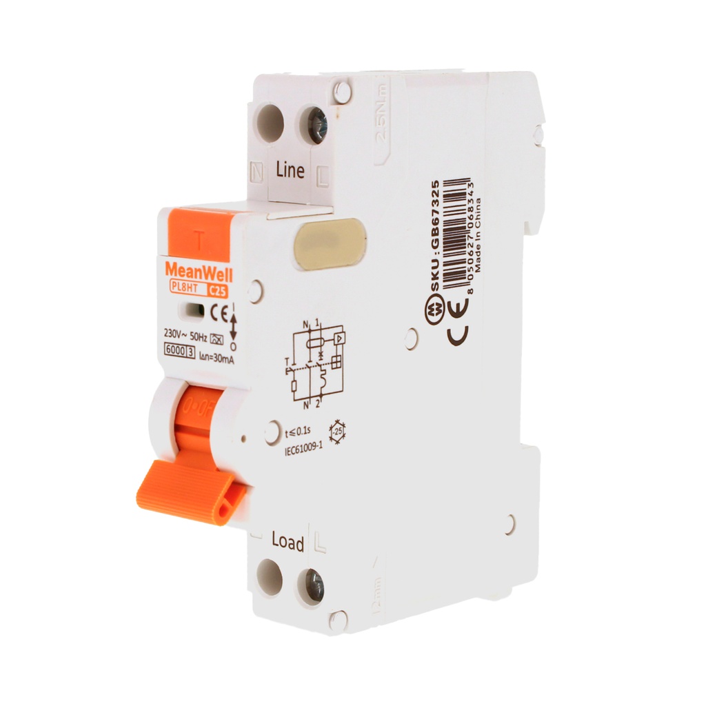 MeanWell RCBO Interruttore Magnetotermico Differenziale Tipo A Curva C 1P+N 1M 6000A 30mA C25A AC 230V IP20 IEC61009-1 PL8HT