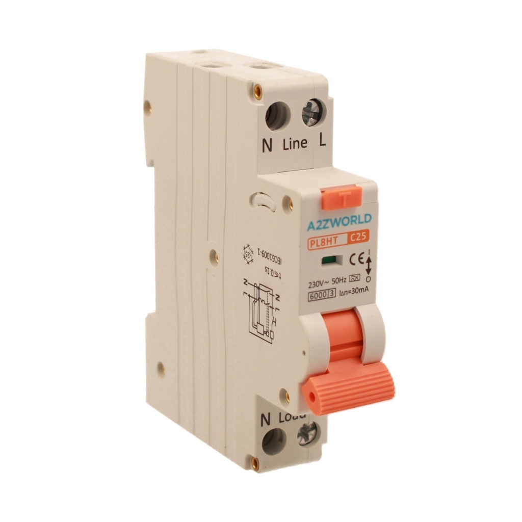 RCBO Interruttore Magnetotermico Differenziale Tipo A Curva C 1P+N 1M 6000A 30mA C25A AC 230V IP20 IEC61009-1 PL8HT GB57325