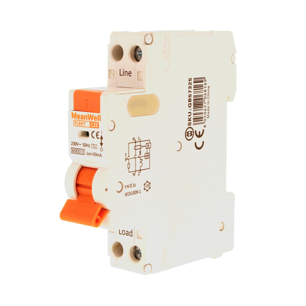MeanWell RCBO Interruttore Magnetotermico Differenziale Tipo AC Curva C 1P+N 1M 6000A 30mA C25A AC 230V IP20 IEC61009-1 PL8HT