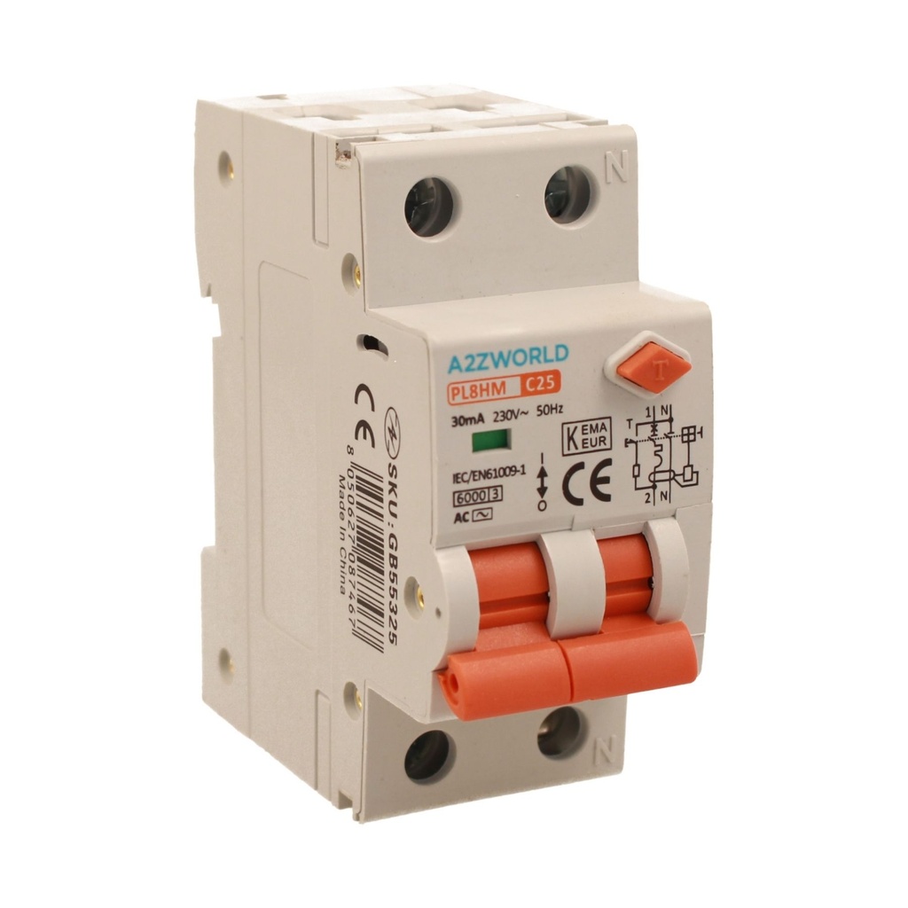 A2ZWORLD RCBO Doppia Leva, Interruttore Magnetotermico Differenziale Tipo AC Curva C 1P+N 2M 6000A 30mA C25A AC 230V IP20 IEC61009-1 PL8HM