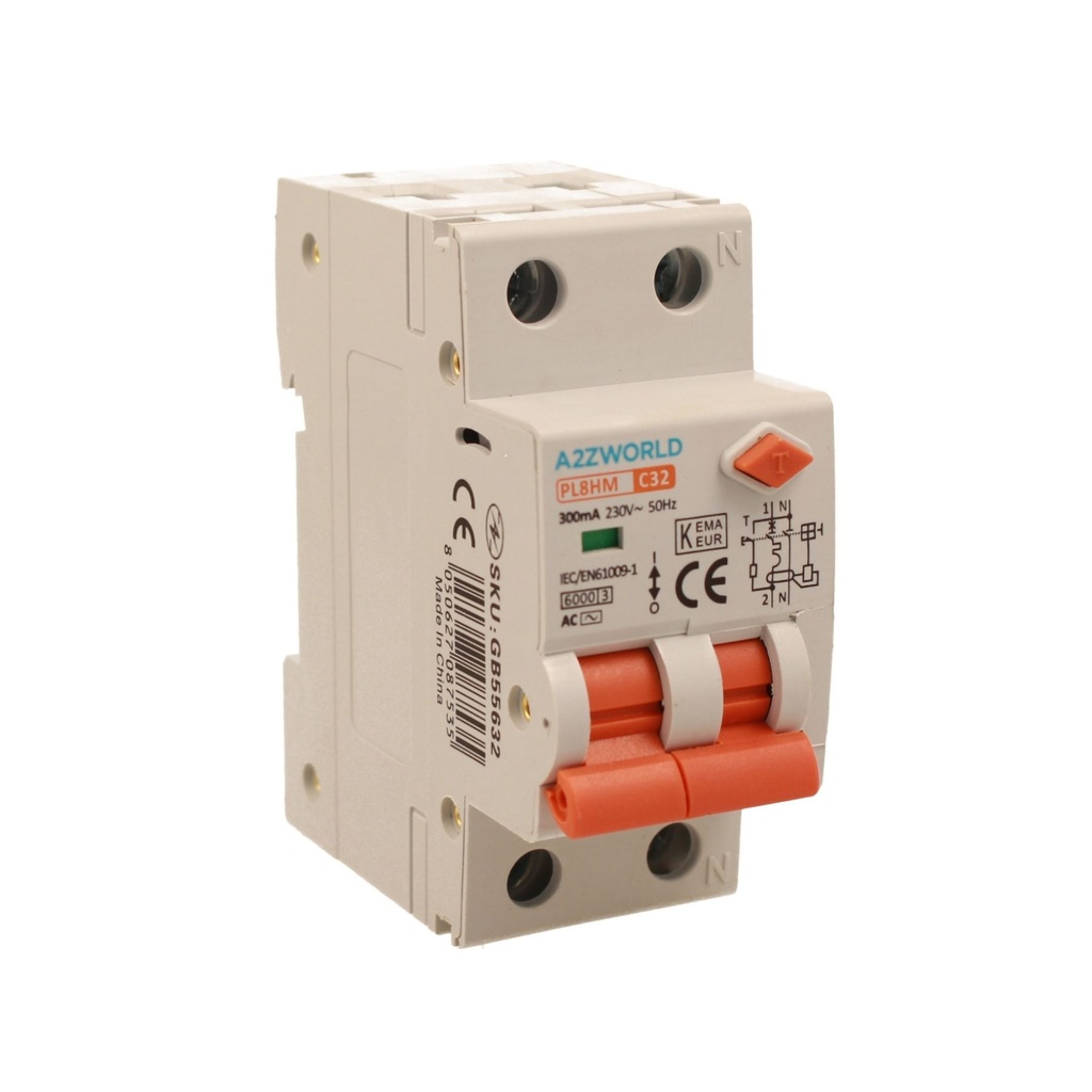 A2ZWORLD RCBO Doppia Leva, Interruttore Magnetotermico Differenziale Tipo AC Curva C 1P+N 2M 6000A 300mA C32A AC 230V IP20 IEC61009-1 PL8HM