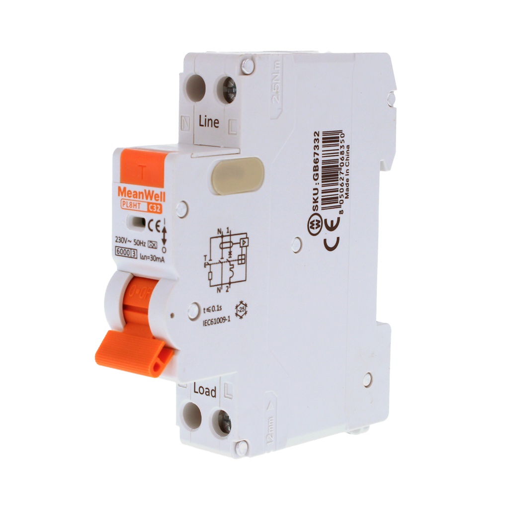RCBO Interruttore Magnetotermico Differenziale Tipo A Curva C 1P+N 1M 6000A 30mA C32A AC 230V IP20 IEC61009-1