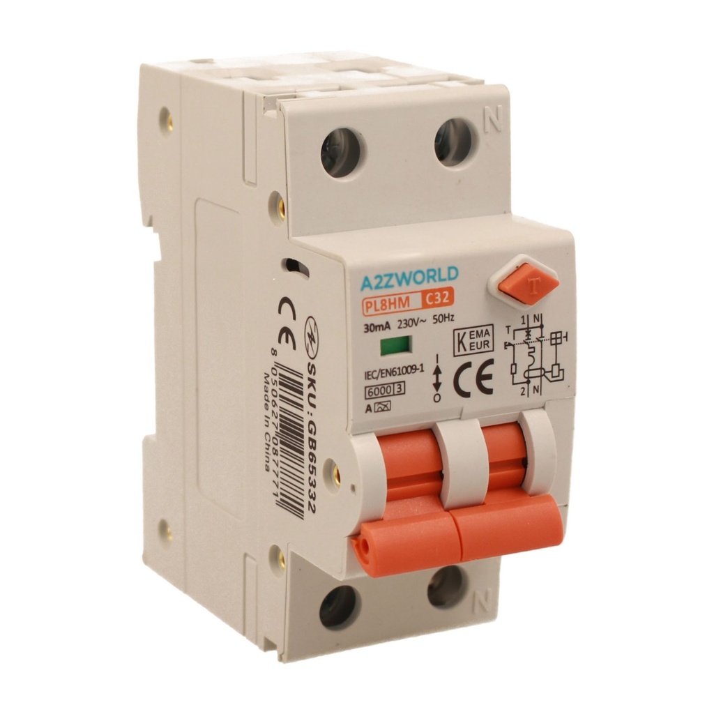 A2ZWORLD RCBO Doppia Leva, Interruttore Magnetotermico Differenziale Tipo A Curva C 1P+N 2M 6000A 30mA C32A AC 230V IP20 IEC61009-1 PL8HM