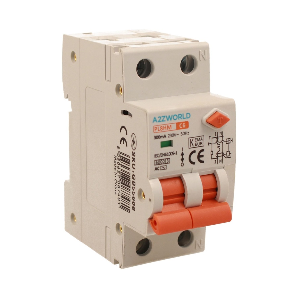 A2ZWORLD RCBO Doppia Leva, Interruttore Magnetotermico Differenziale Tipo AC Curva C 1P+N 2M 6000A 300mA C6A AC 230V IP20 IEC61009-1 PL8HM