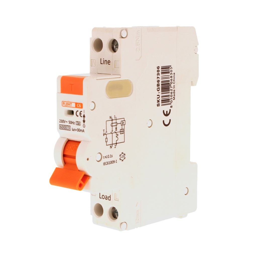 A2ZWORLD RCBO Interruttore Magnetotermico Differenziale Tipo A Curva C 1P+N 1M 6000A 30mA C6A AC 230V IP20 IEC61009-1 PL8HT GB57306