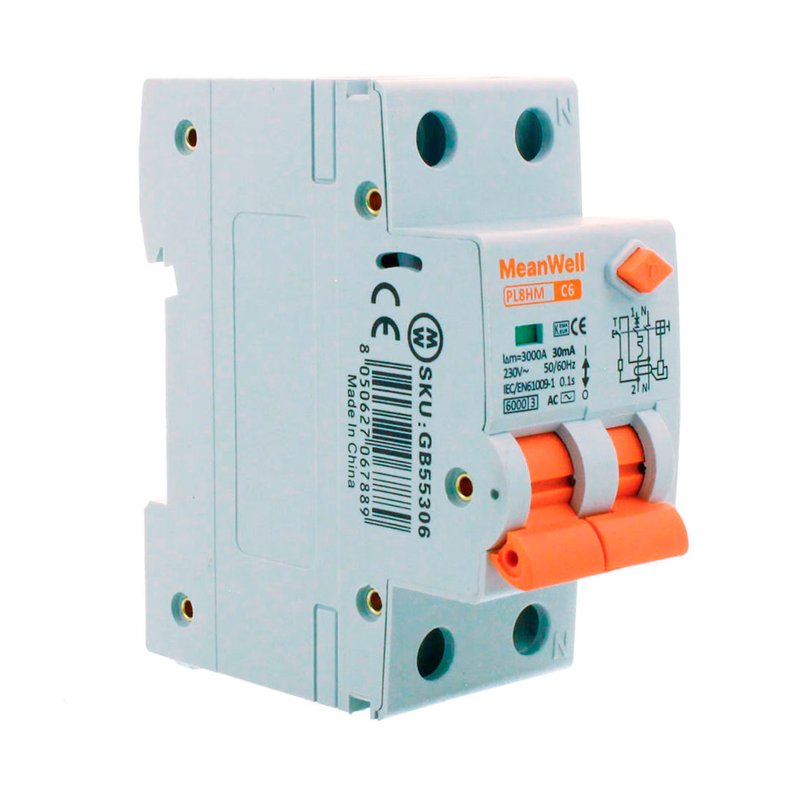 RCBO Interruttore Magnetotermico Differenziale Tipo AC Curva C 1P+N 2M 6000A 30mA C6A AC 230V IP20 IEC61009-1
