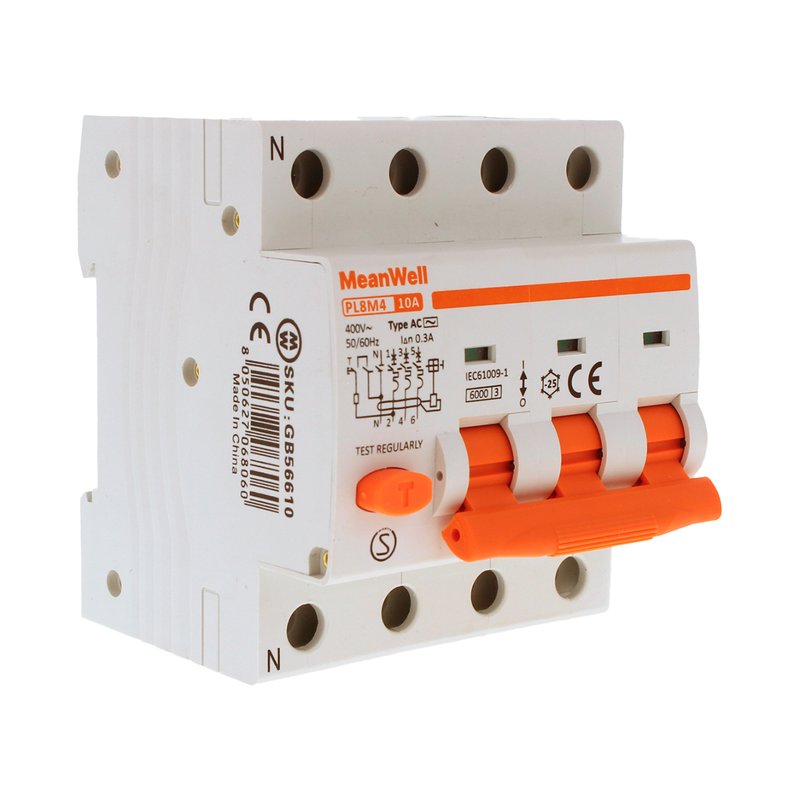 MeanWell RCBO Interruttore Magnetotermico Differenziale Tipo AC Curva C 3P+N 4M 6000A 300mA C10A AC 400V IP20 IEC61009-1 PL8M4