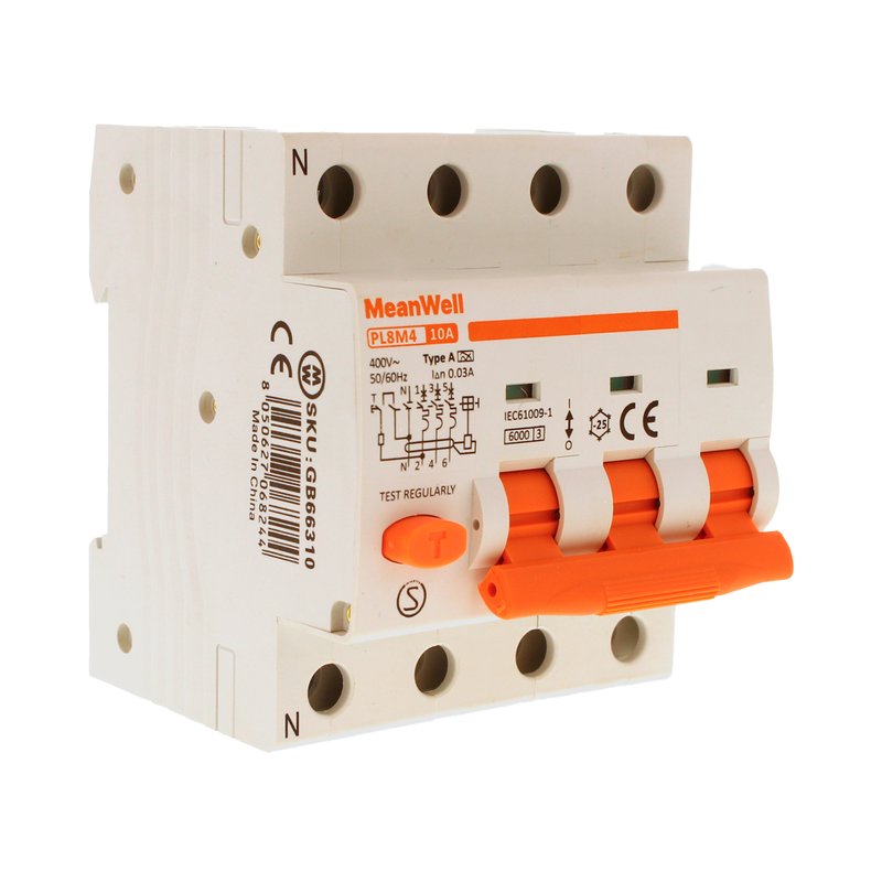 MeanWell RCBO Interruttore Magnetotermico Differenziale Tipo A Curva C 3P+N 4M 6000A 30mA C10A AC 400V IP20 IEC61009-1 PL8M4