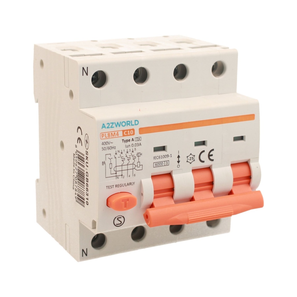 RCBO Interruttore Magnetotermico Differenziale Tipo A Curva C 3P+N 4M 6000A 30mA C10A AC 400V IP20 IEC61009-1 PL8M4