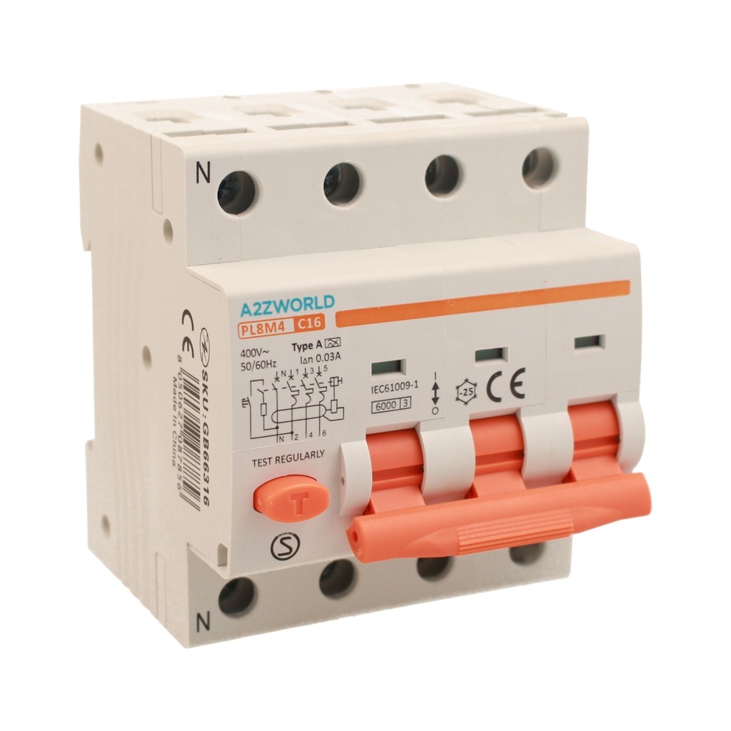 A2ZWORLD RCBO Interruttore Magnetotermico Differenziale Tipo A Curva C 3P+N 4M 6000A 30mA C16A AC 400V IP20 IEC61009-1 PL8M4