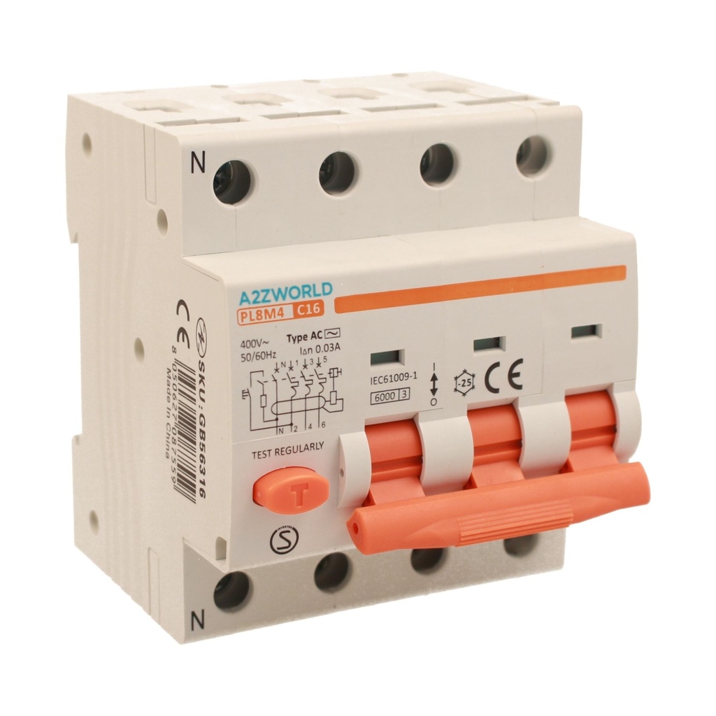 A2ZWORLD RCBO Interruttore Magnetotermico Differenziale Tipo AC Curva C 3P+N 4M 6000A 30mA C16A AC 400V IP20 IEC61009-1 PL8M4