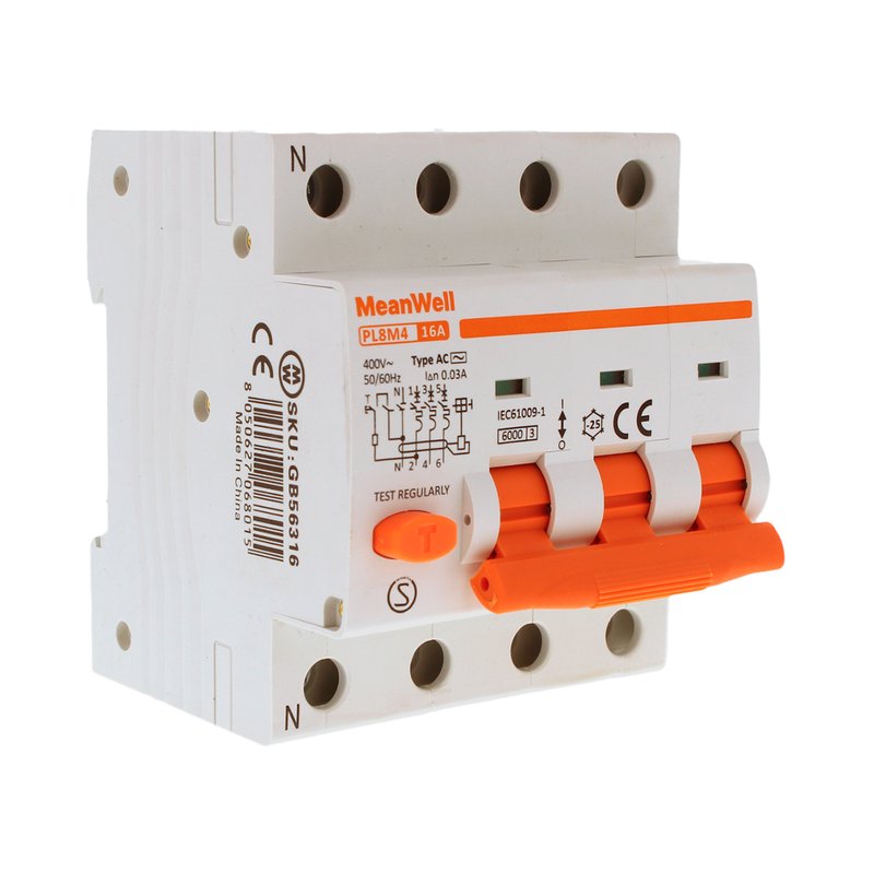 MeanWell RCBO Interruttore Magnetotermico Differenziale Tipo AC Curva C 3P+N 4M 6000A 30mA C16A AC 400V IP20 IEC61009-1 PL8M4