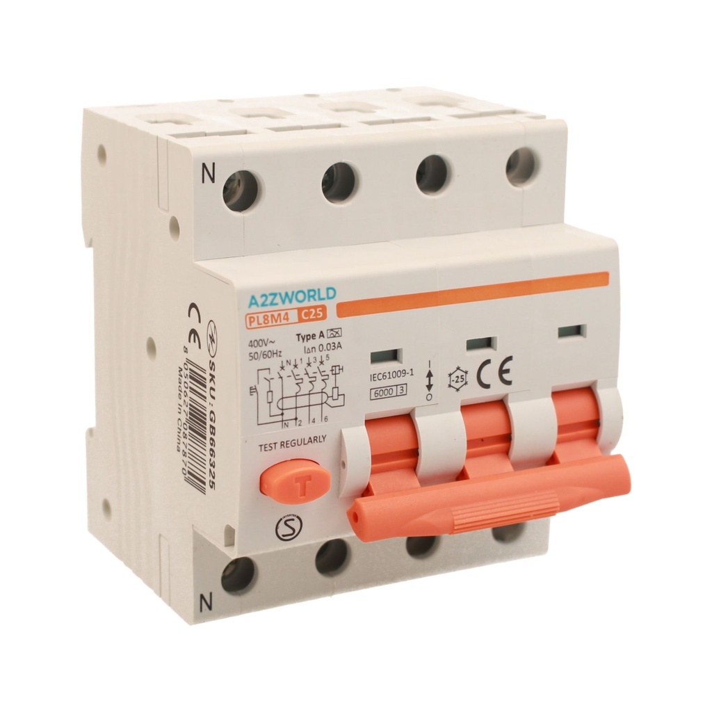 A2ZWORLD RCBO Interruttore Magnetotermico Differenziale Tipo A Curva C 3P+N 4M 6000A 30mA C25A AC 400V IP20 IEC61009-1 PL8M4