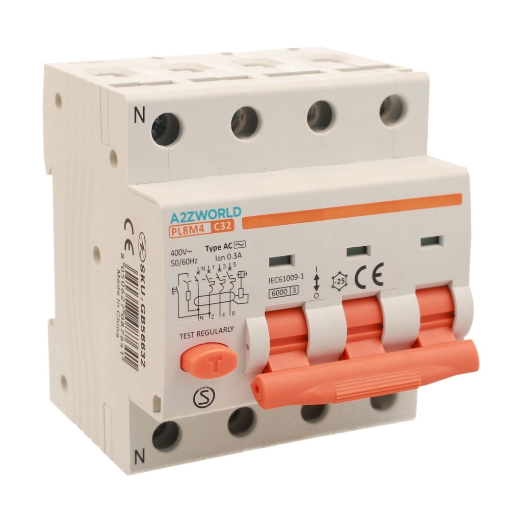 A2ZWORLD RCBO Interruttore Magnetotermico Differenziale Tipo AC Curva C 3P+N 4M 6000A 300mA C32A AC 400V IP20 IEC61009-1 PL8M4