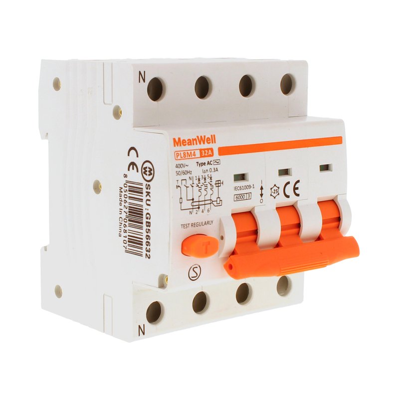 MeanWell RCBO Interruttore Magnetotermico Differenziale Tipo AC Curva C 3P+N 4M 6000A 300mA C32A AC 400V IP20 IEC61009-1 PL8M4