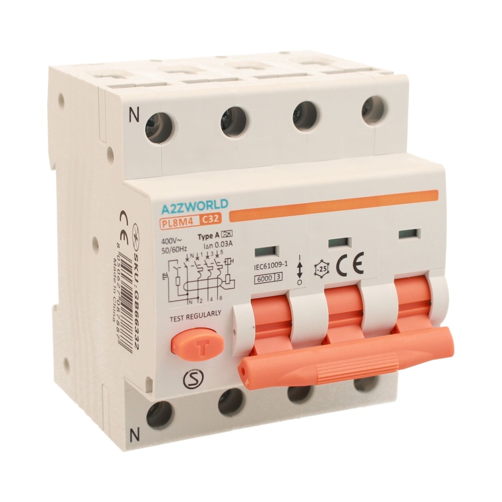 A2ZWORLD RCBO Interruttore Magnetotermico Differenziale Tipo A Curva C 3P+N 4M 6000A 30mA C32A AC 400V IP20 IEC61009-1 PL8M4