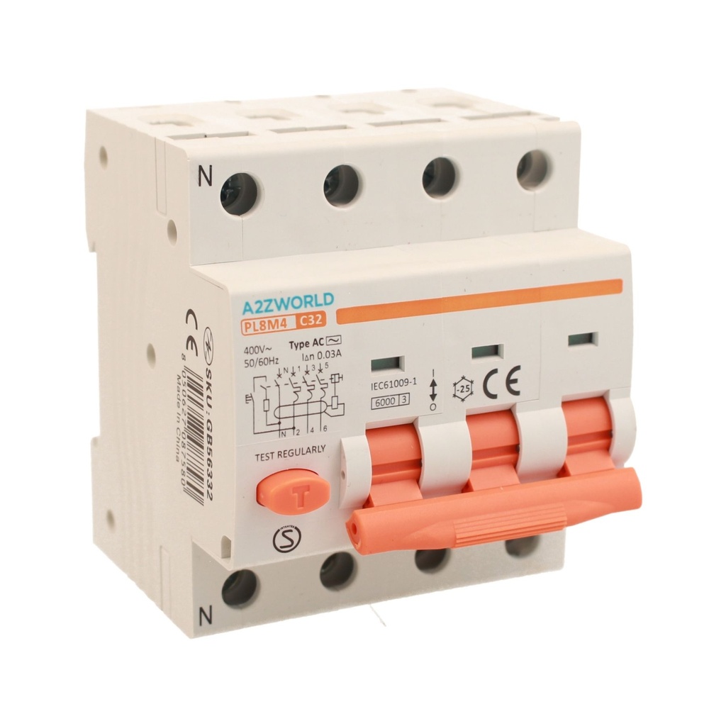 A2ZWORLD RCBO Interruttore Magnetotermico Differenziale Tipo AC Curva C 3P+N 4M 6000A 30mA C32A AC 400V IP20 IEC61009-1 PL8M4