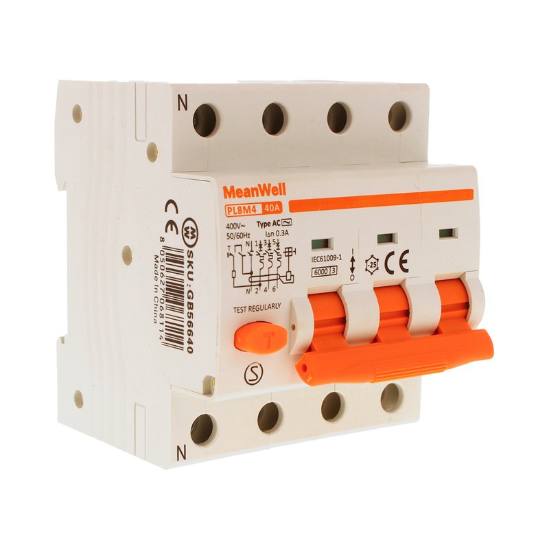 MeanWell RCBO Interruttore Magnetotermico Differenziale Tipo AC Curva C 3P+N 4M 6000A 300mA C40A AC 400V IP20 IEC61009-1 PL8M4