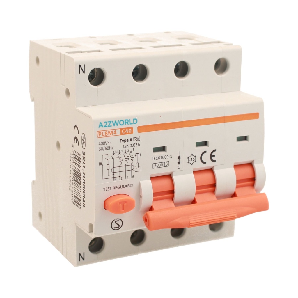 A2ZWORLD RCBO Interruttore Magnetotermico Differenziale Tipo A Curva C 3P+N 4M 6000A 30mA C40A AC 400V IP20 IEC61009-1 PL8M4