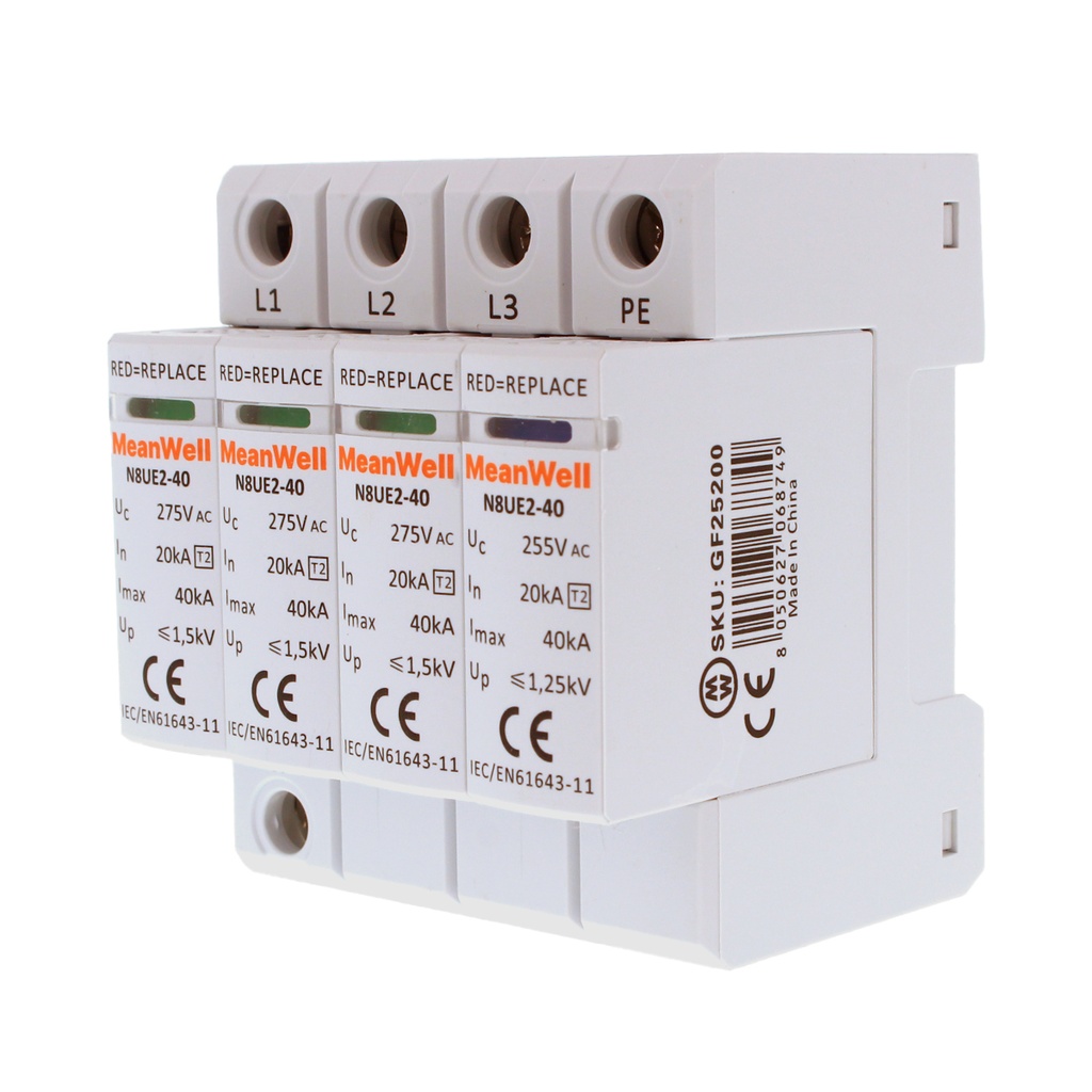 MeanWell SPD Scaricatore Di Sovratensione Modulare, Tipo 2 T2 3P+N 4M 20kA-40kA AC 275V IP20 IEC61643-11 N8UE2