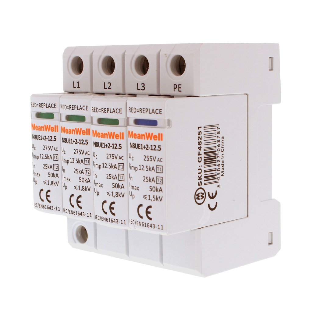 MeanWell SPD Scaricatore Di Sovratensione Tipo 1+2 T1+T2 B+C 3P+N 4M  25kA-50kA 12,5kV AC 275V IP20 IEC61643-11 N8UE1+2 