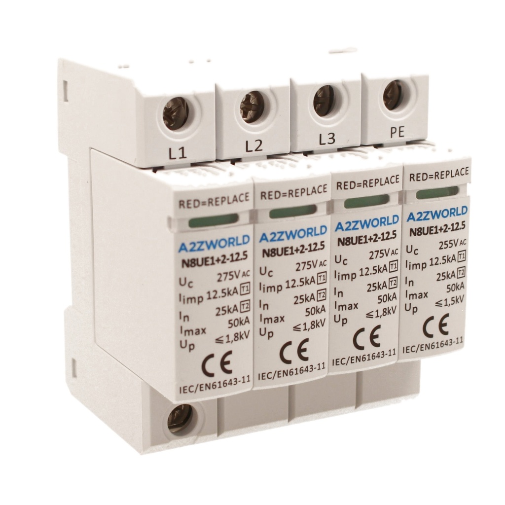 SPD Scaricatore Di Sovratensione Tipo 1+2 T1+T2 B+C 3P+N 4M 25kA-50kA 12,5kV AC 275V IP20 IEC61643-11 N8UE1+2