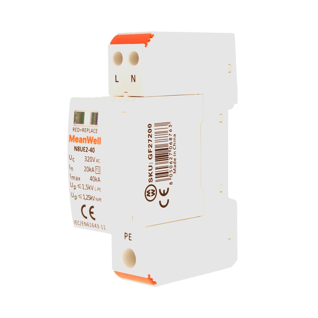 MeanWell SPD Scaricatore Di Sovratensione Tipo 2 T2 1P+N 1M 20kA-40kA AC 320V IP20 IEC61643-11 N8UE2