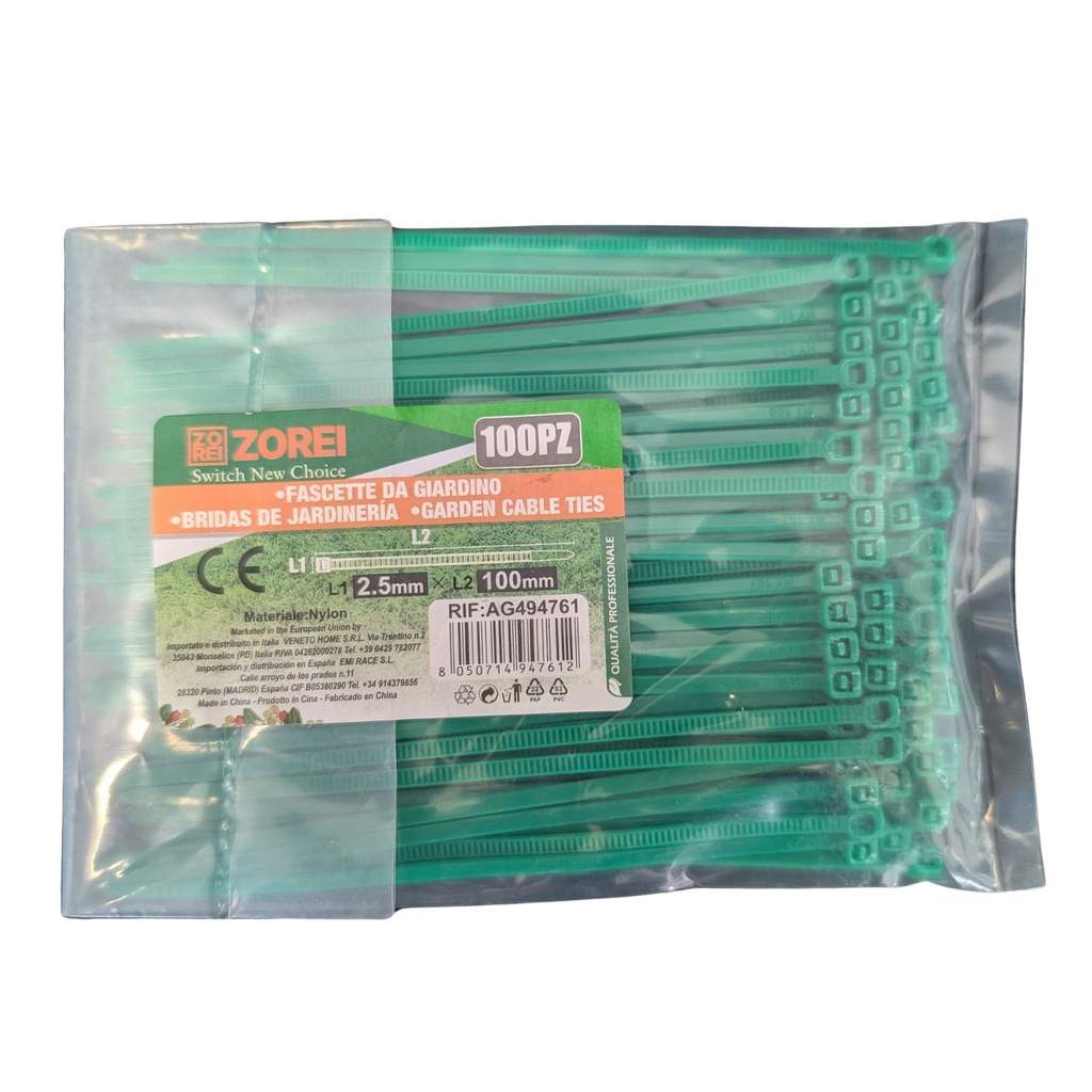 100 Fascette Nylon Verde 2,5x100 mm per Giardinaggio e Cablaggio