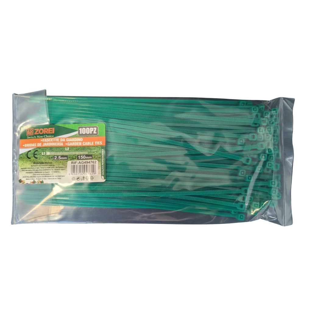 [AG494762] 100 Fascette Nylon Verde 2,5x150 mm per Giardinaggio e Cablaggio