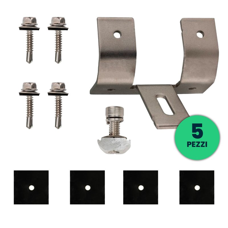 Staffe di Acciaio per Fissaggio Pannelli Solari Fotovoltaici su Lamiera Grecata per Posa Verticale (Confezione 5 Pezzi) SKU-11585