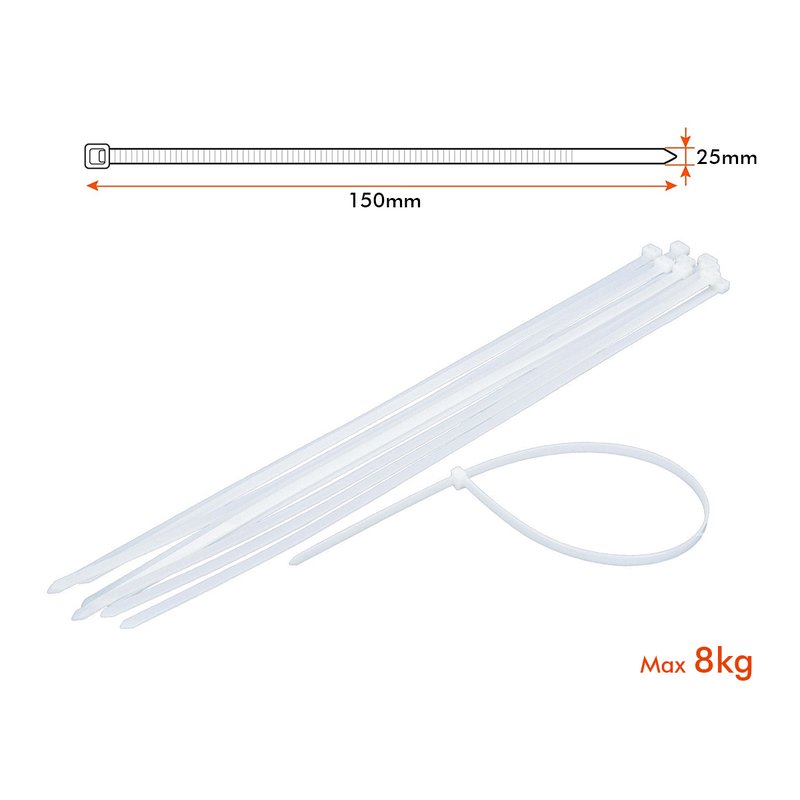100 Fascette Cablaggio Stringicavo 2.5X150mm Colore Bianco Per Legare Fili Cavi SKU-11161