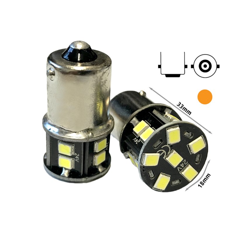 24V Lampada Led BA15S G18 R5W Colore Arancione 16 Smd 2835 Piedi Dritti Luce Frecce No Polarita 360 Gradi Durata Garantita