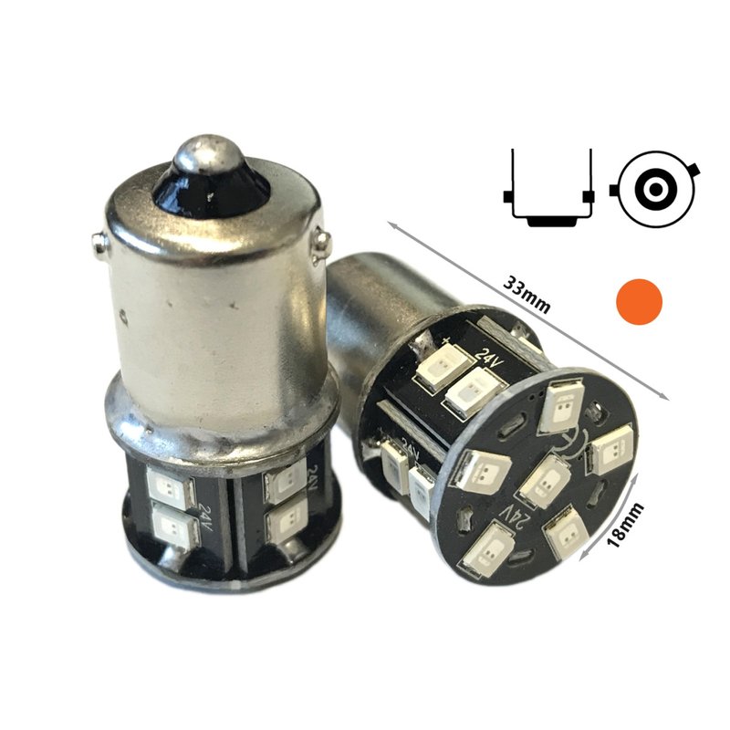24V Lampada LED BAU15S R5W PY21W Arancione 16 SMD 2835 Piedi Storti Frecce No Polarità 360° Durata Garantita
