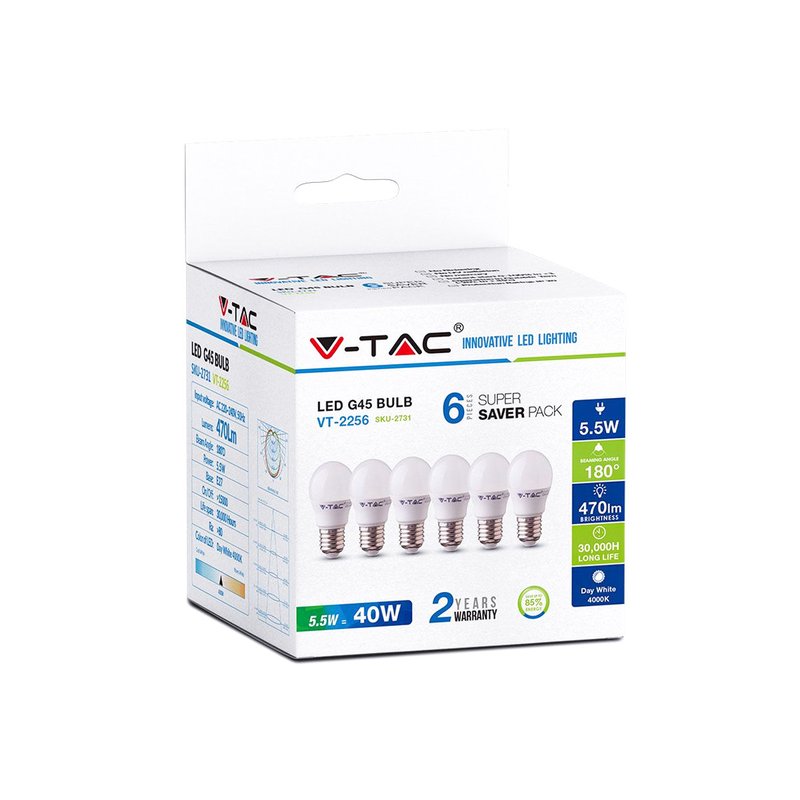 6 PZ Lampada A Led E27 G45 5,5W Freddo 6400K Forma Sfera Bulbo Palla 180 Gradi 220V SKU-2732