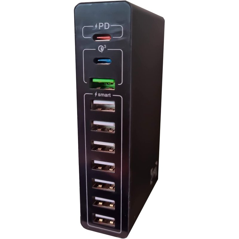 Alimentatore USB da muro 65W, 10 porte USB e USB-C PD, QC 3.0 e Smart