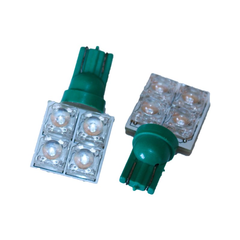 Coppia lampade LED T10 verdi, 4 LED F5 Flux laterali, 12V 0,2W, attacco W5W
