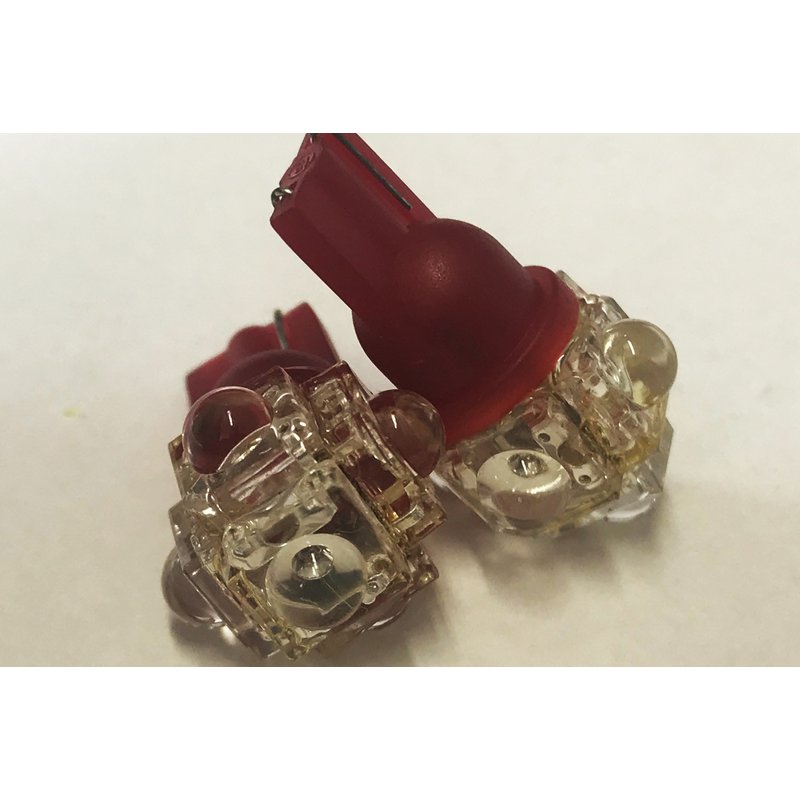 Coppia lampade LED T10 W5W rosse 12V 0,2W, 5 LED F5 Flux, Ø18x29mm