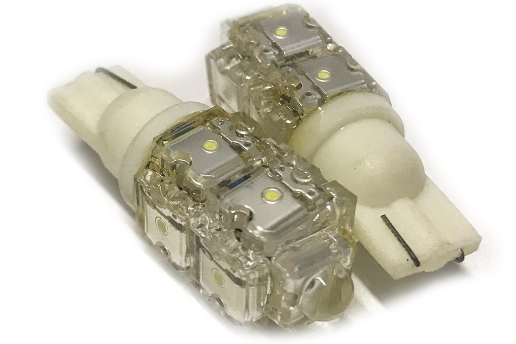 Coppia lampade LED T10 12V 1W, 9 LED F5 Flux, bianco freddo 6000K, 34×14 mm