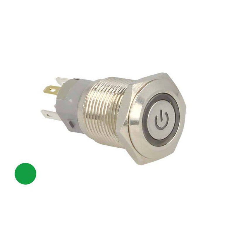 Interruttore Pulsante Bilanciere Metallo Rotondo 5 Pin Con Spia Led Verde 12V Auto Camper Foro 16mm Stagno IP67