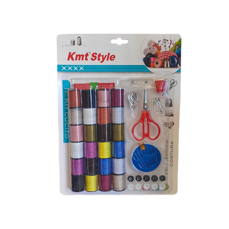 [AB633285] Kit cucito con 24 rocchetti filo colorato, forbici, aghi, bottoni, metro e accessori