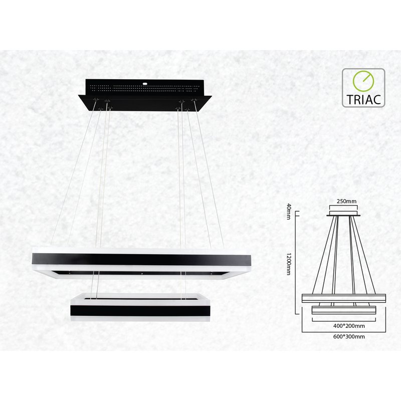 [SV3987] Lampada Led A Sospensione Rettangolare Colore Nero Doppio Anello 600X300mm 400X200mm 3000K 100W Dimmerabile Triac Dimmer SKU-3987