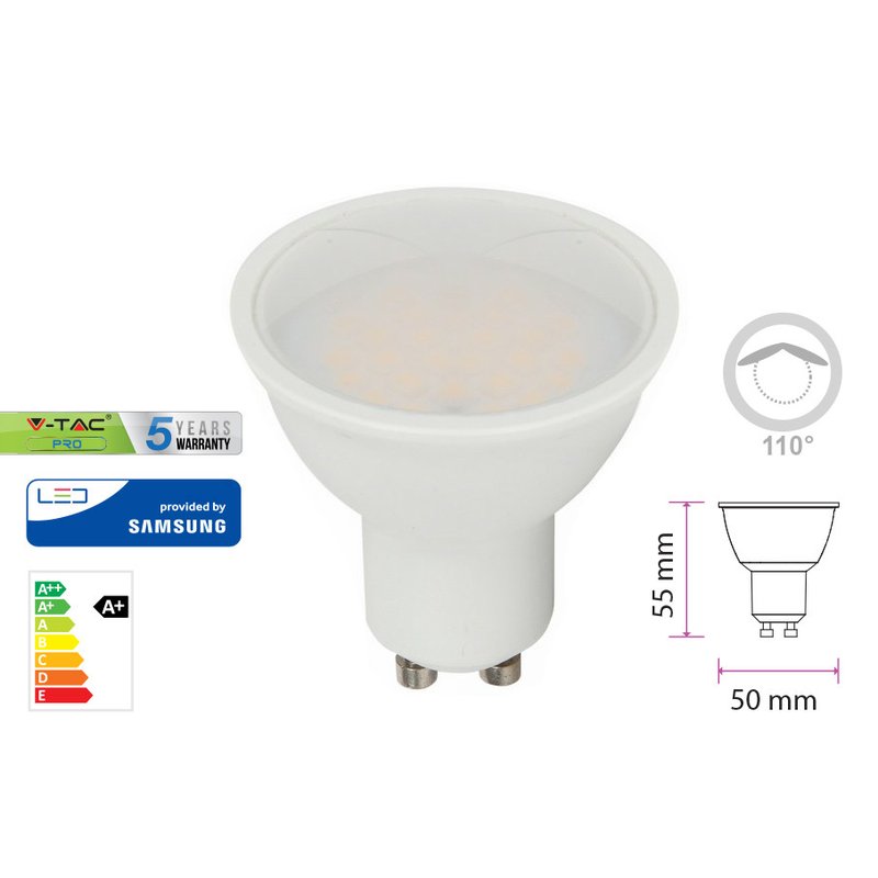 Lampada LED GU10 5W 220V, 110°, diffusore opale, 3000K/4000K/6500K