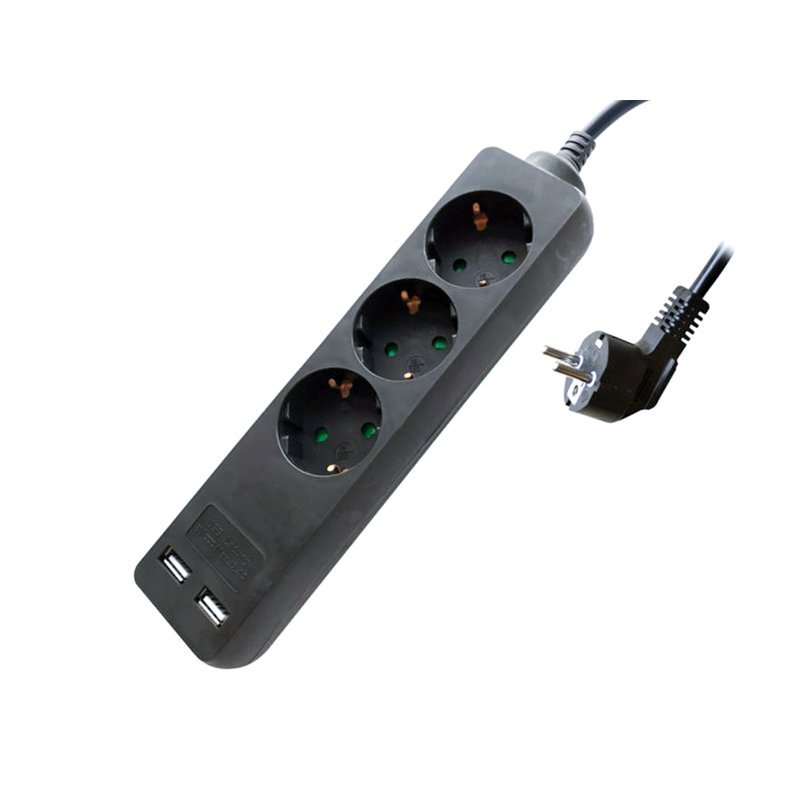 [AP8776] Multipresa Ciabatta Elettrica Con 2 USB e 3 Posti Schuko 10A Cavo Lunga 1,5 Metri Colore Nero 3X1.5 mmq SKU-8776