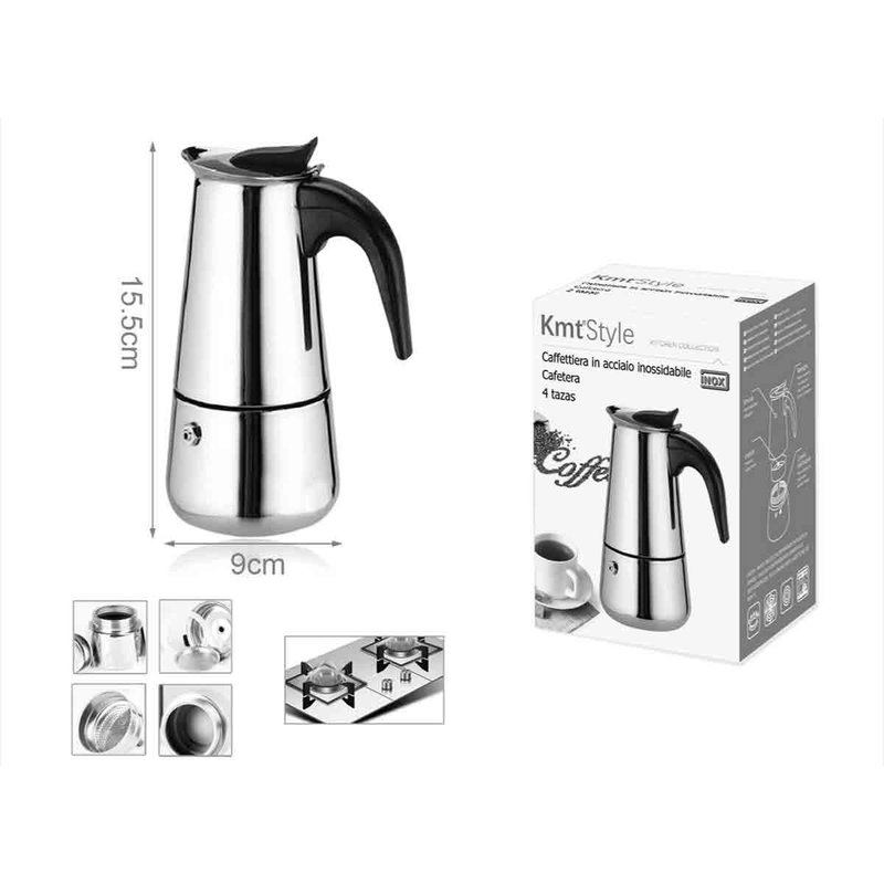Caffettiera in acciaio inox 4 tazze, per gas ed elettrico, altezza 15,5 cm