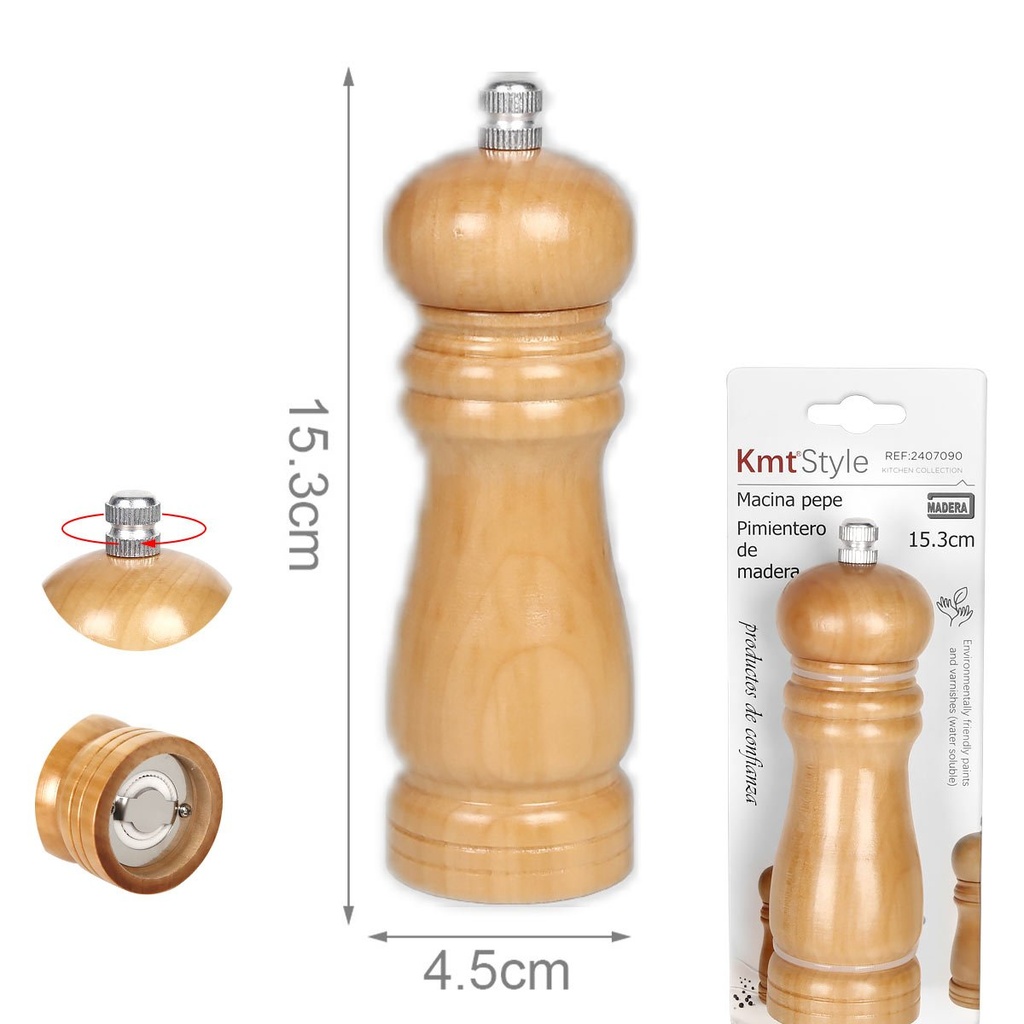 Macinapepe in legno beige 15,3 cm con macina in ceramica, per sale e pepe