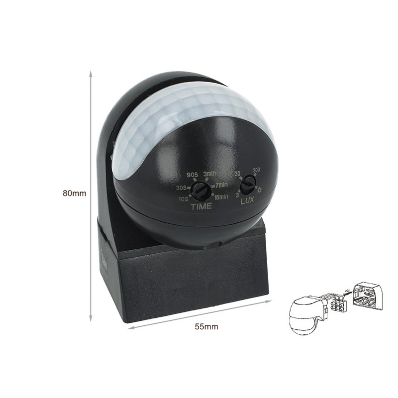 Sensore di Movimento a Infrarossi e Crepuscolare Montaggio a Parete Muro Carcassa Nera Testa Orientabile 180 Gradi IP44 SKU-5089