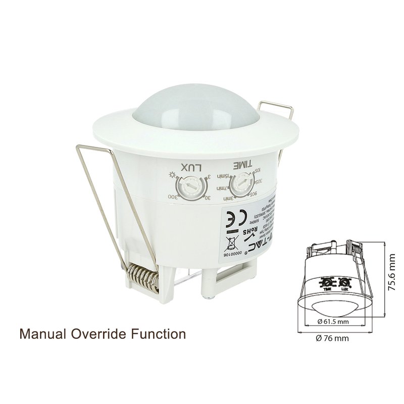 [CL1944] Sensore di Movimento a Infrarossi e Crepuscolare Montaggio Da Incasso Colore Bianco IP20 360 Gradi Manual Override SKU-1356